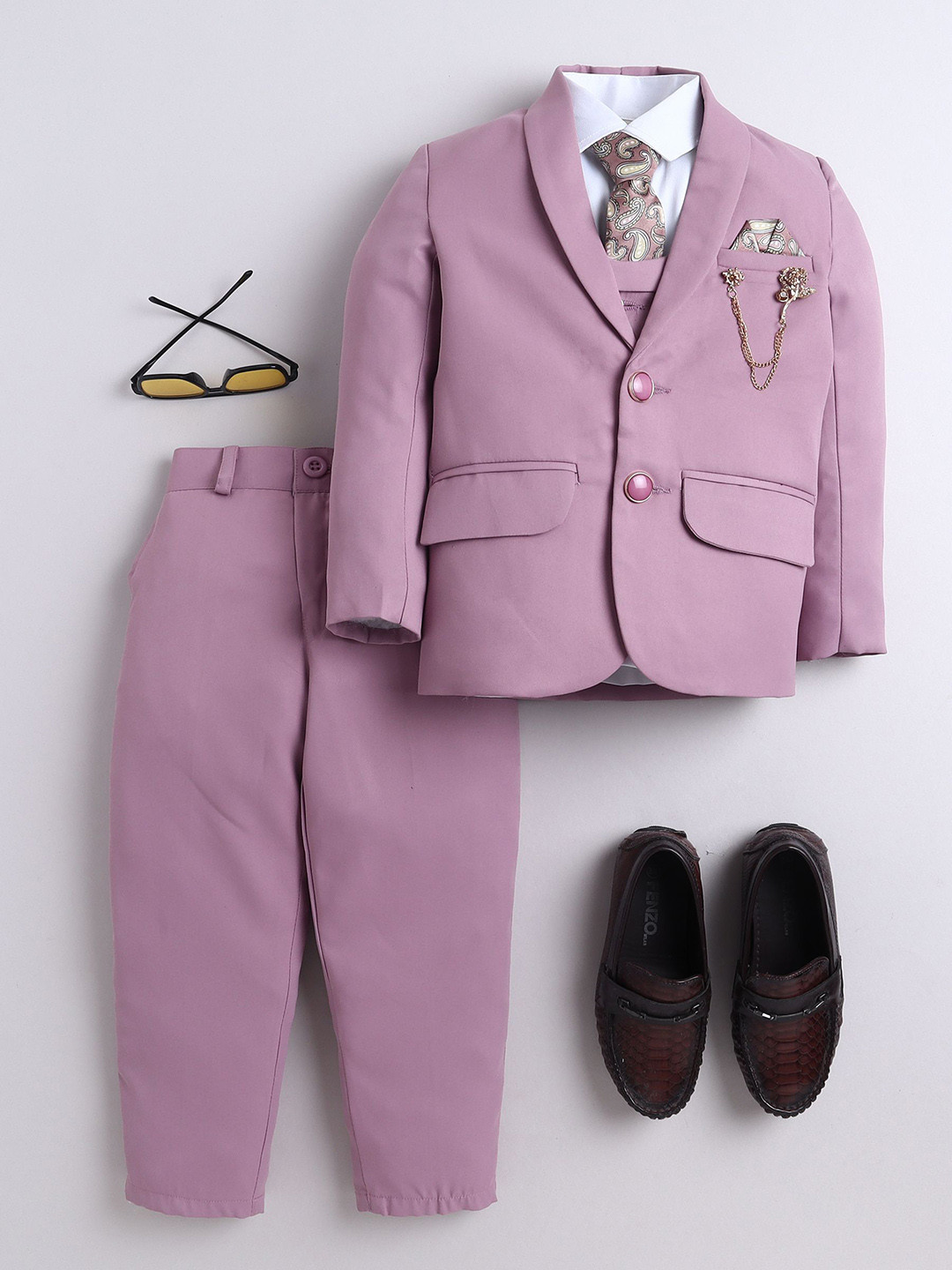 Sangria Boys Single-Breasted Shawl Collar Suit Set with Shirt Trousers Waistcoat & Tie