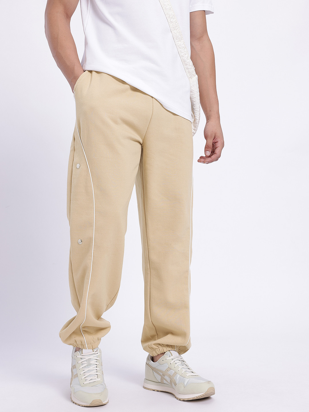 glitchez Men Mock Metallic Buttons Contrast Piping Relaxed Fit Joggers
