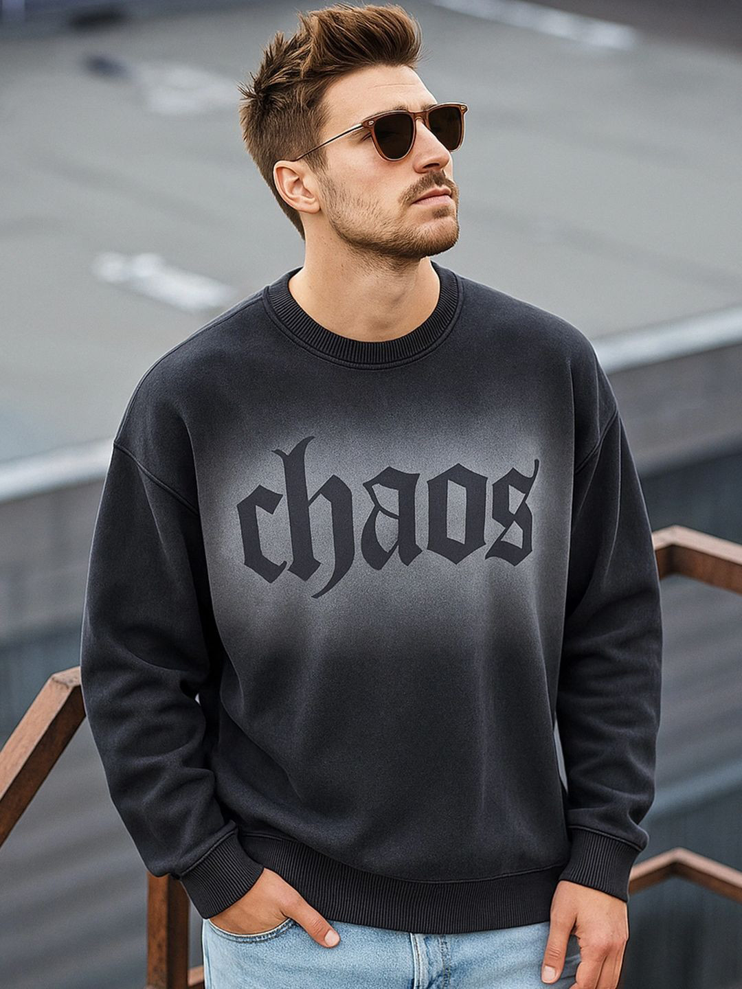 Bewakoof Men's Black Typography Oversized Acid Wash Sweater