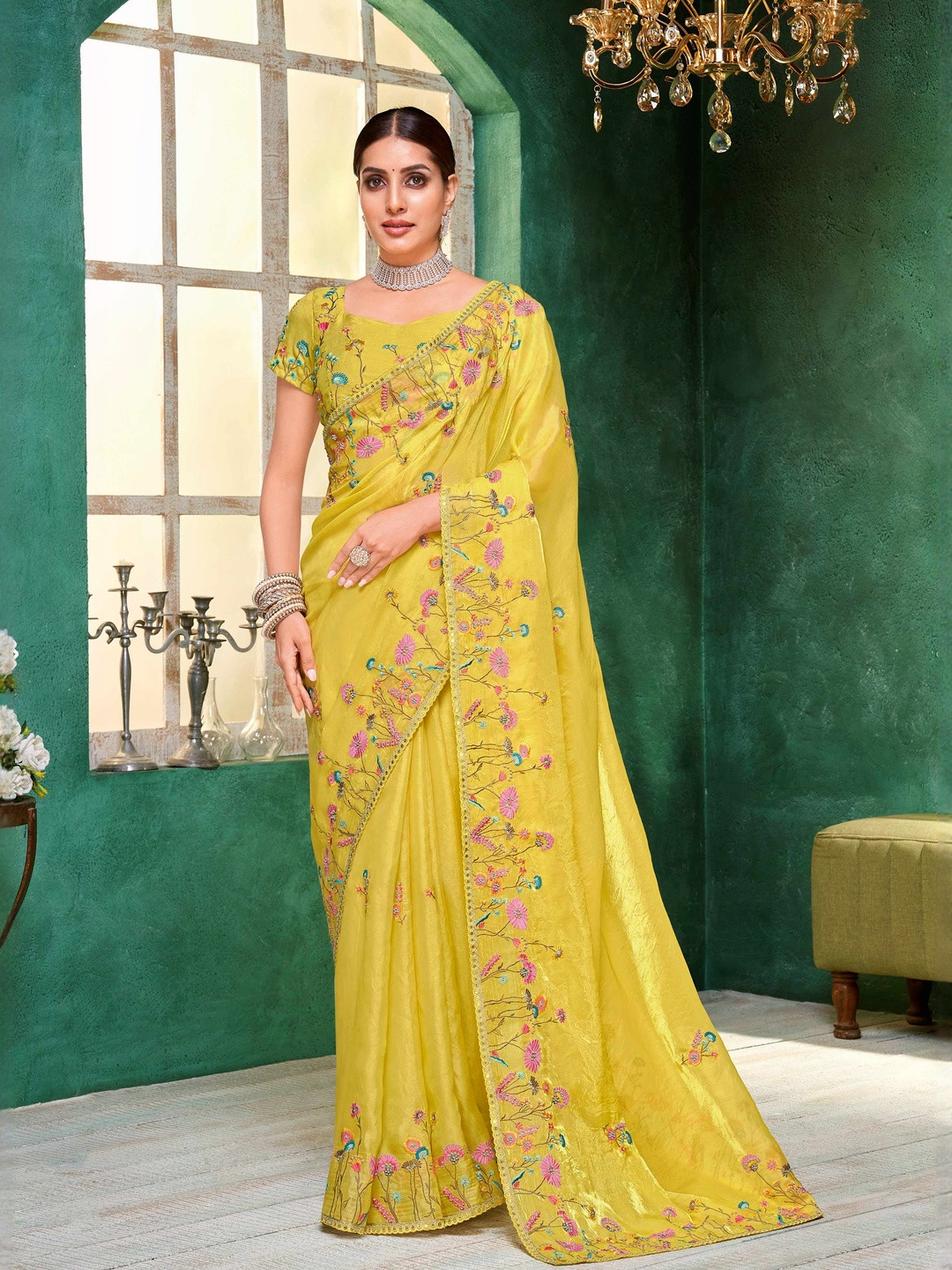 Laxmipati Mangla Gauri Floral Embroidered Tissue Organza Saree
