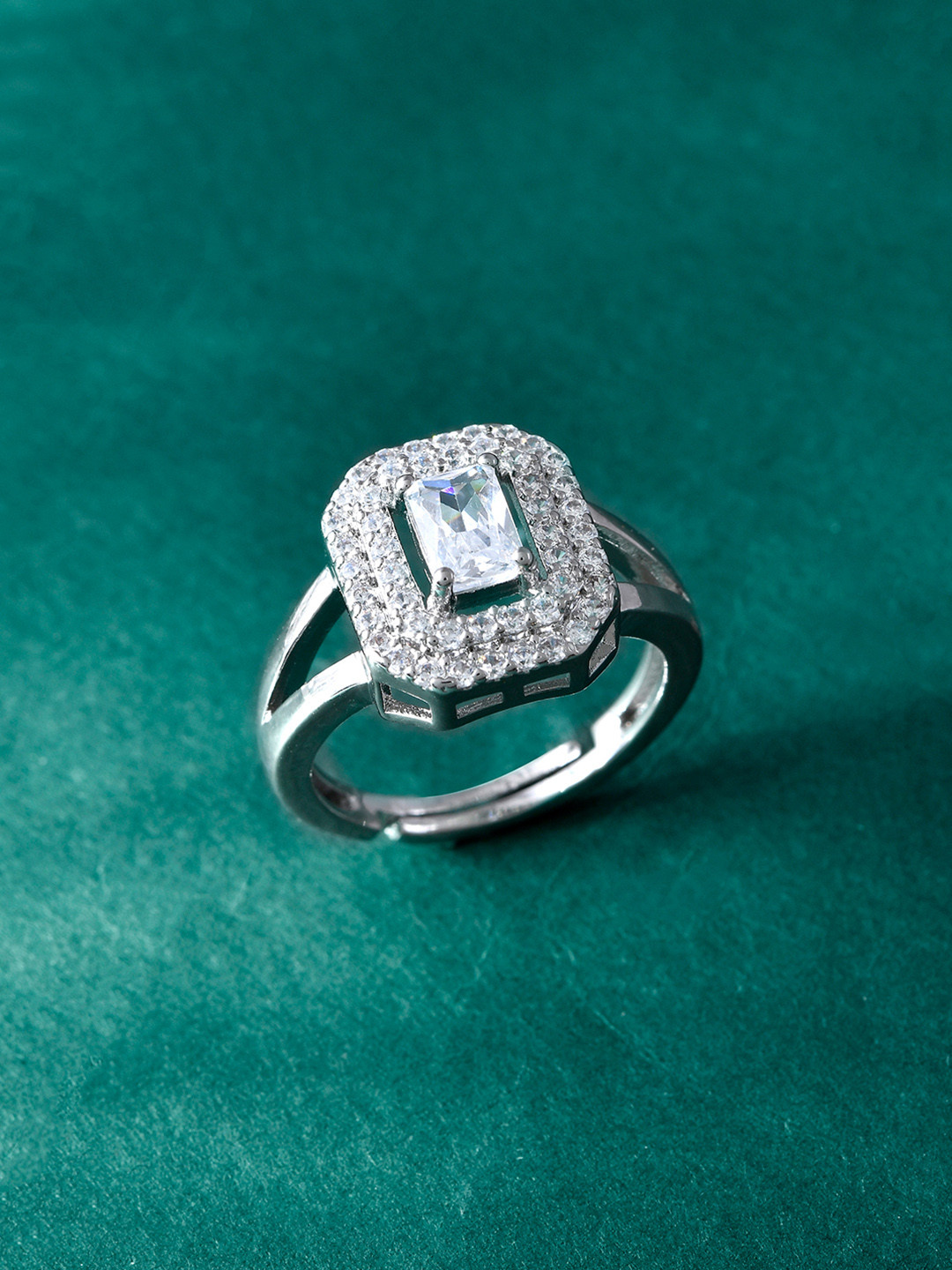 Voylla Rhodium-Plated Sparkling Elegance Zenith American Diamond Studded Solitaire Ring