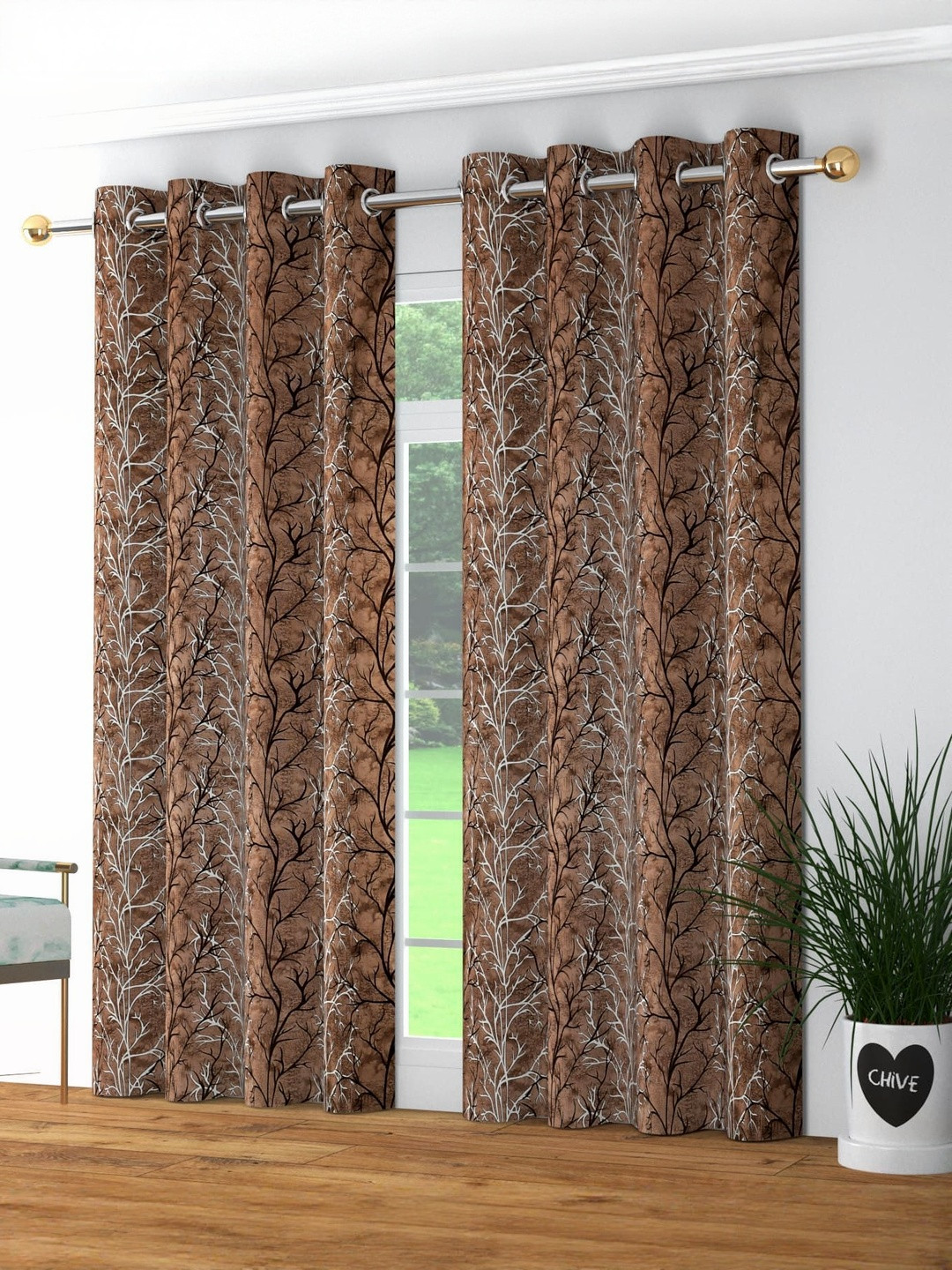 GEET CREATIONS Softy-Superstar Coffee Brown 2 Pieces Printed Room Darkening Door Curtains