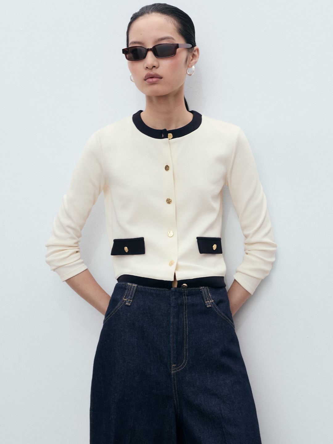 MANGO Contrast Neckline Pocket Flaps Pure Cotton Cardigan