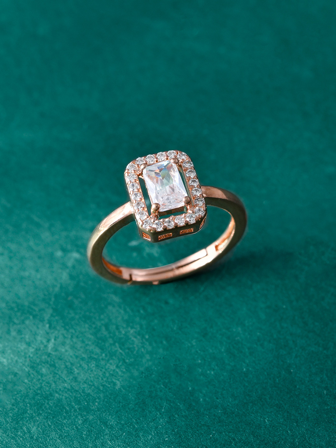 Voylla Rose Gold-Plated Elegance Elite American Diamond Studded Solitaire Finger Ring