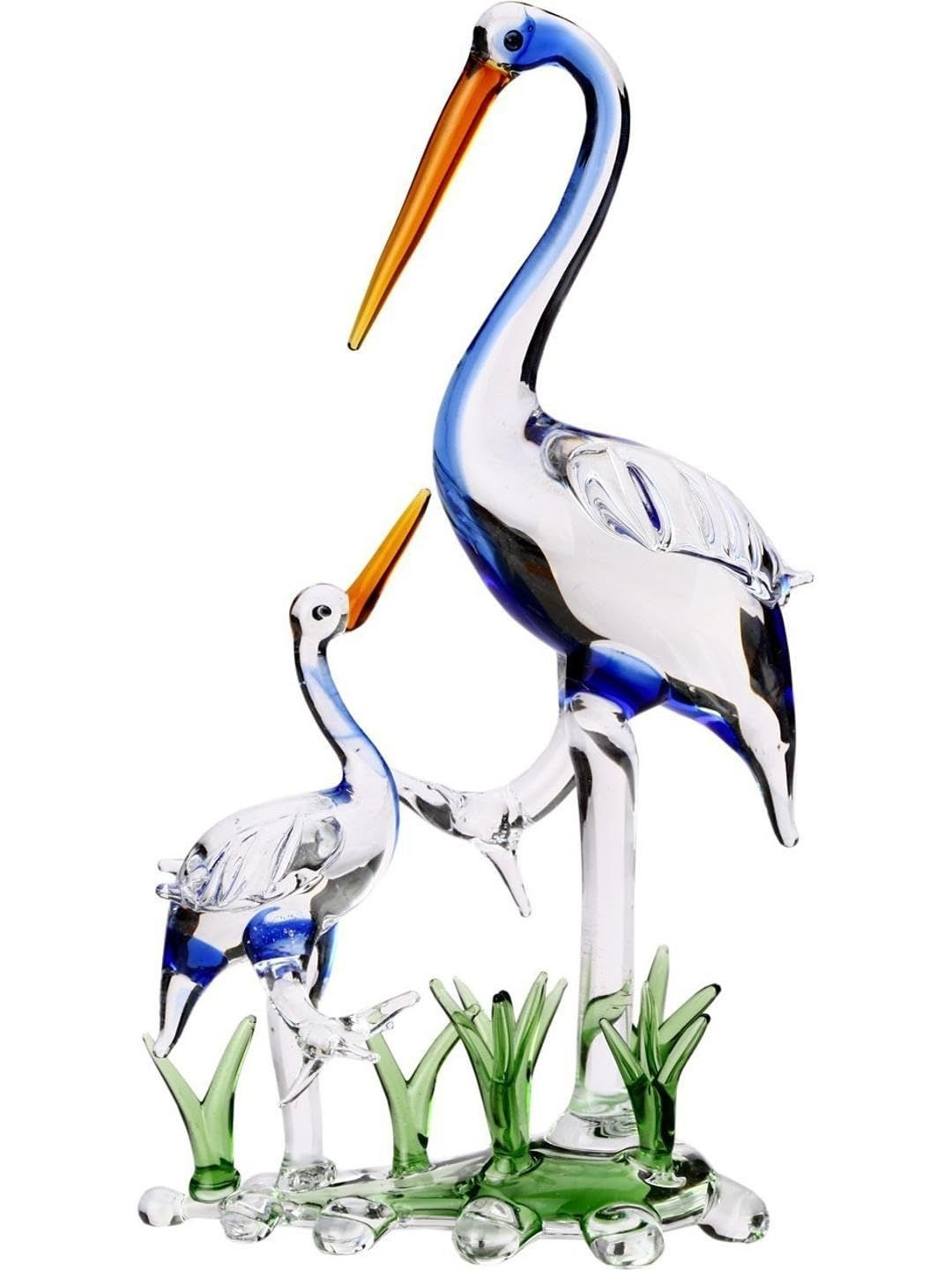 1ST TIME Blue & White Mother Bird & A Baby Bird Glass Figurine Showpiece- 6.1 inch