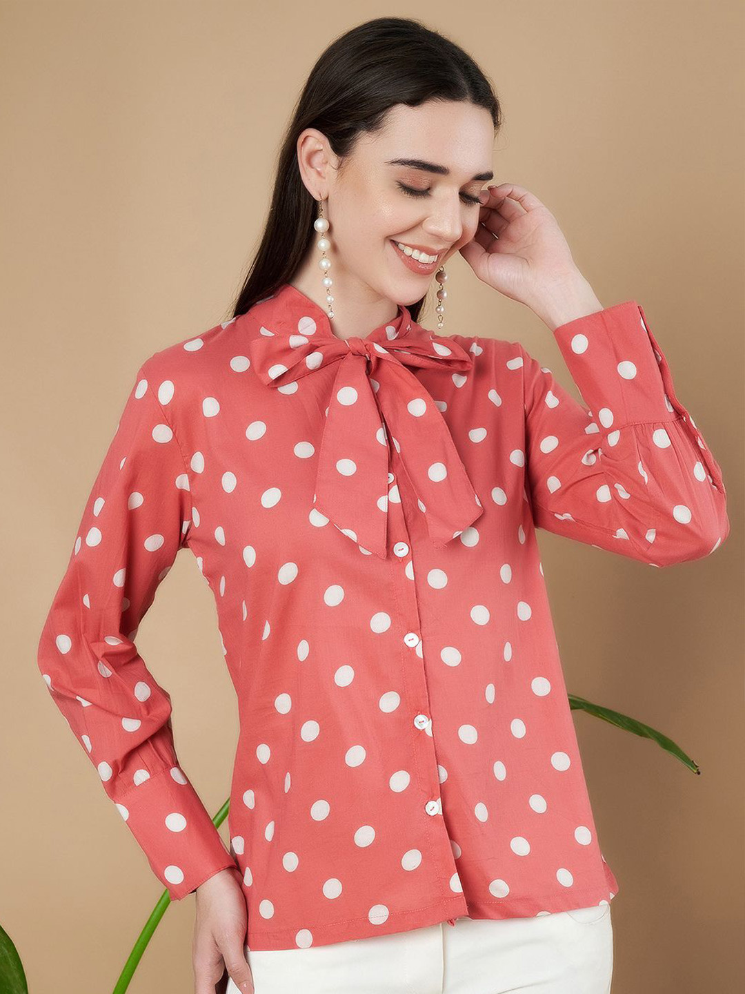 KALINI Women Polka Dot Printed Bow Tie Collar Casual Shirt