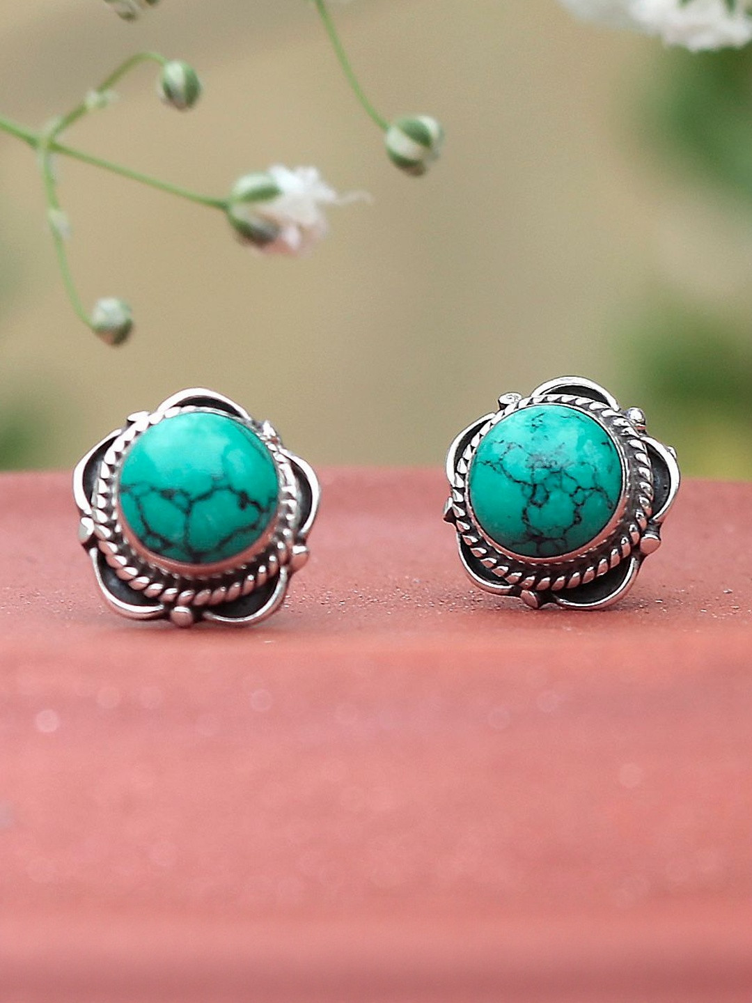 FUSIONARI Turquoise Blue Stone Studded Studs Earrings
