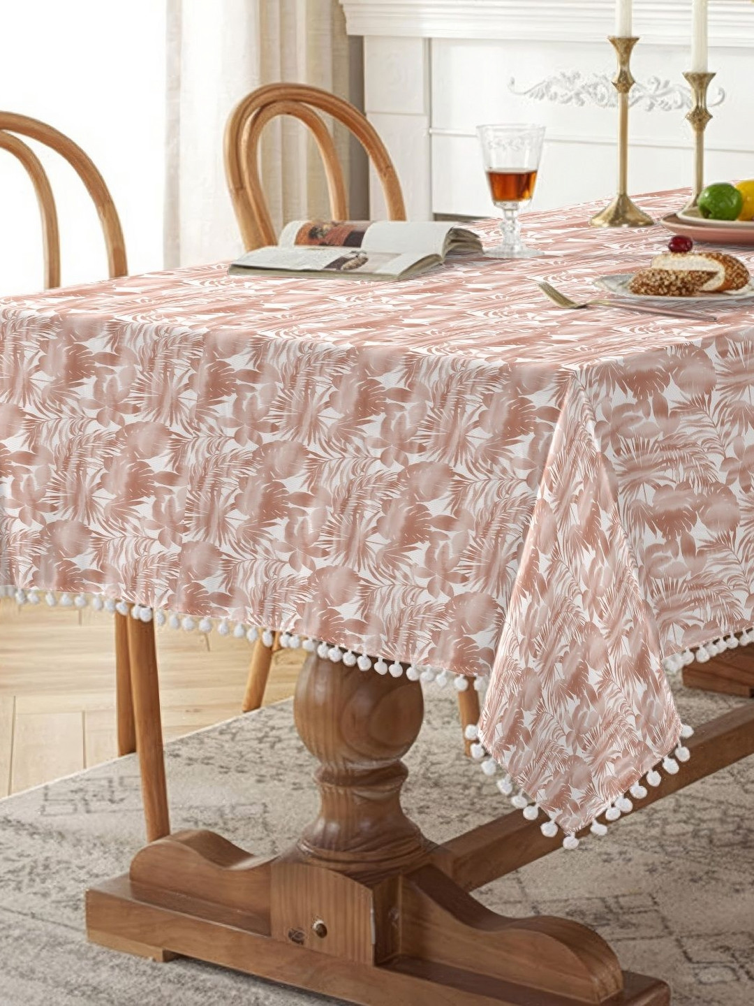 CASABLEU Rust & White Floral Printed 6-Seater Table Cover