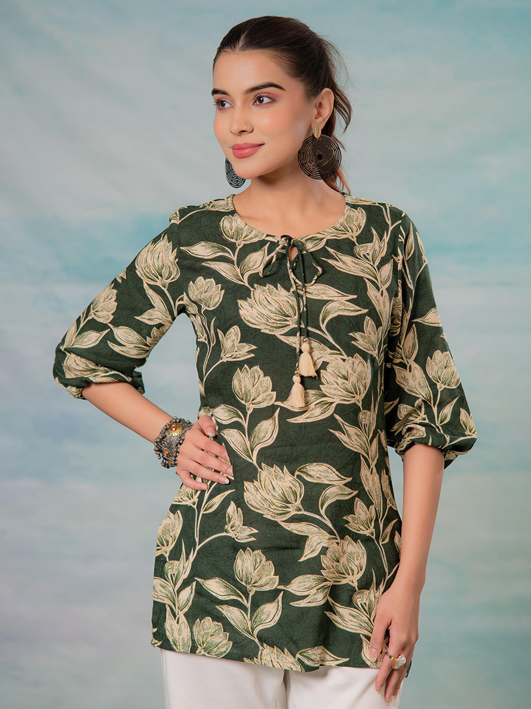 Juniper Floral Printed Round Neck Three-Quarter Sleeves Tunic