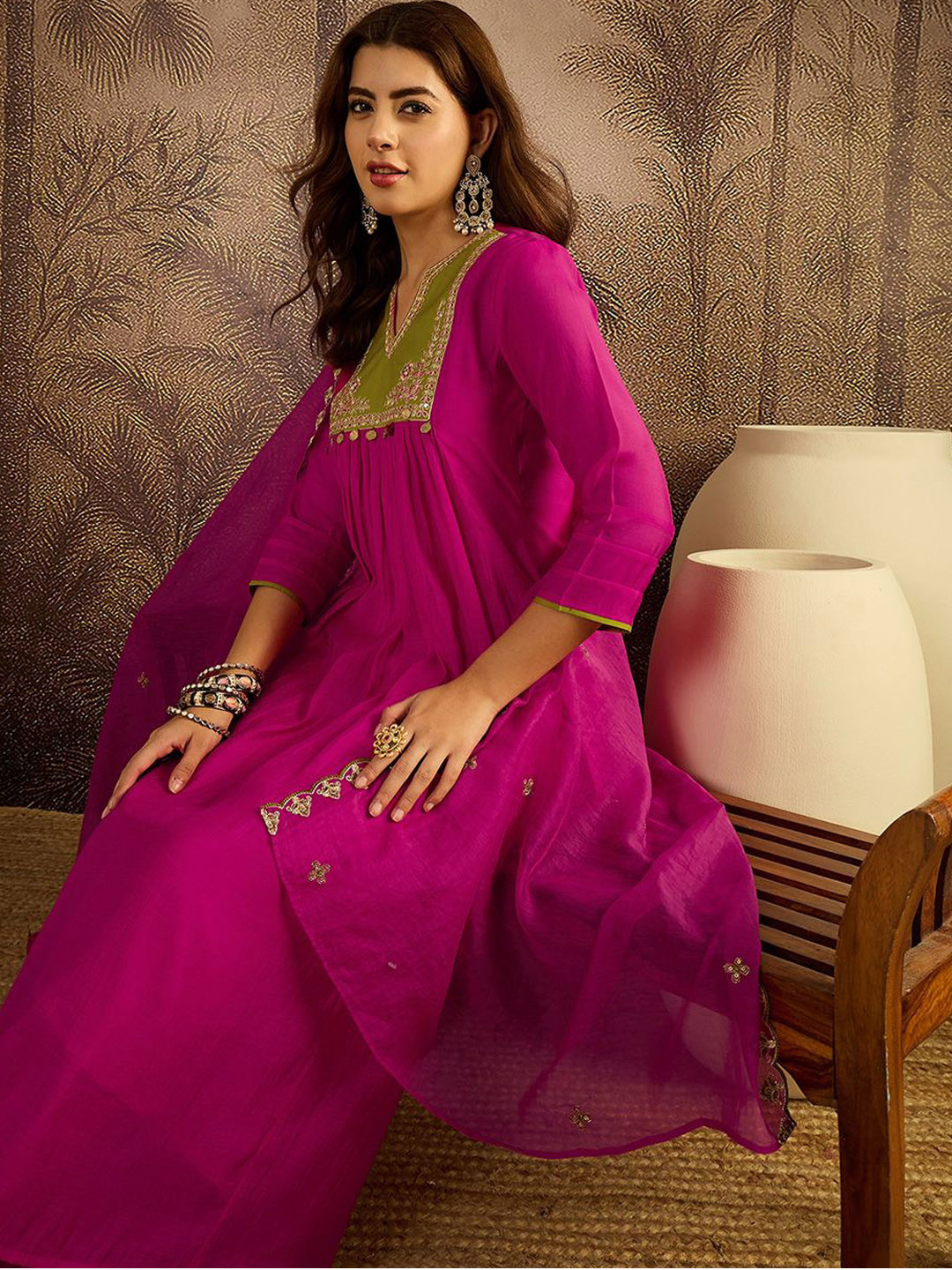 Sangria Zari Sequence Embroidered With Ginni Mal Chanderi Kurta Trousers With Dupatta