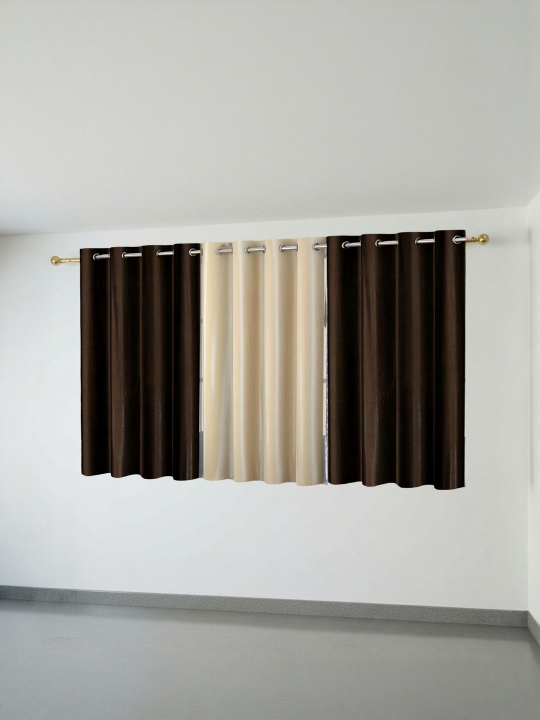 Aura Coffee Brown & Cream-Colored 3 Pieces Room Darkening Eyelet Window Curtains