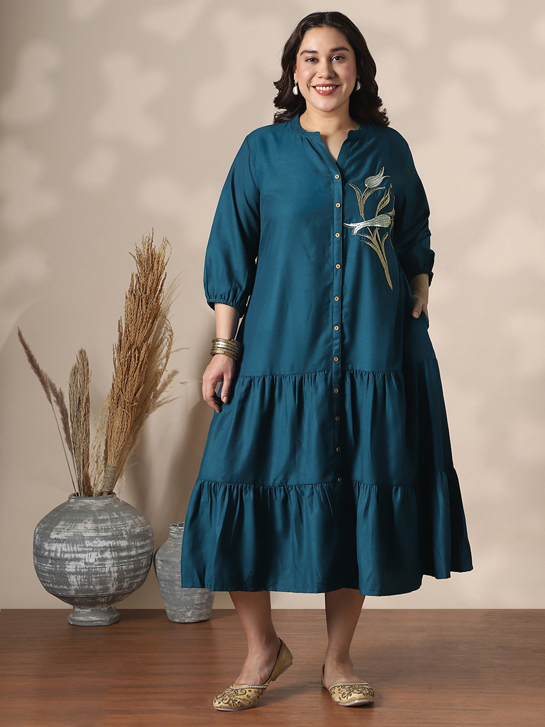 Globus Mandarin Collar Bishop Sleeves Floral Embroidered Tiered Midi A-Line Shirt Dress