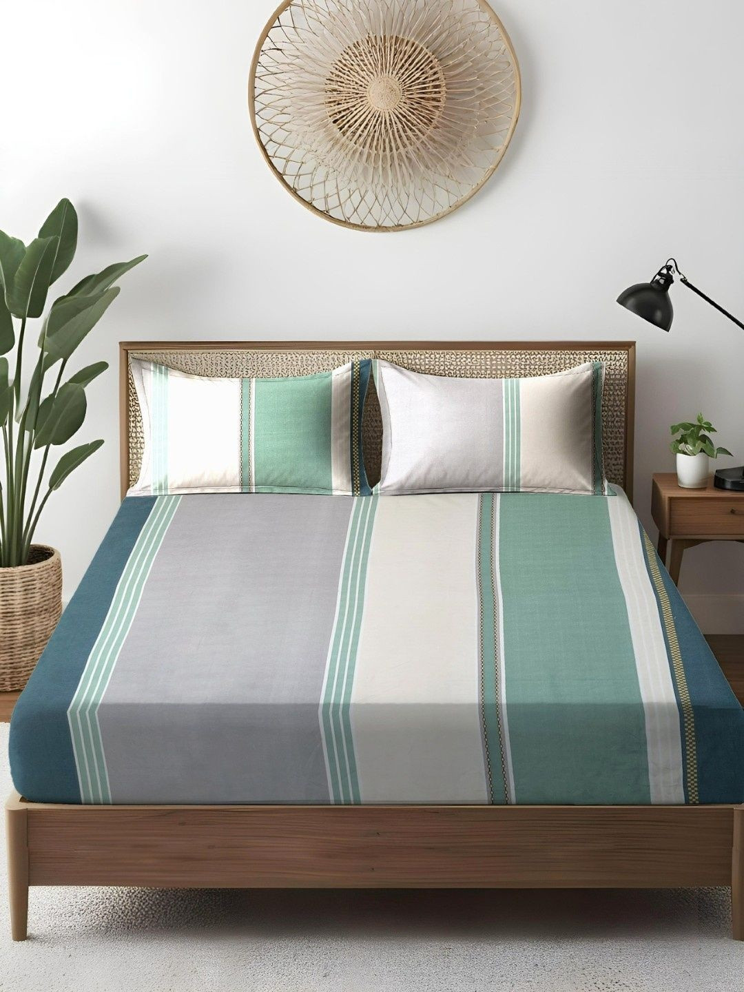 WEAVE AND DECOR Green & Grey Striped Pure Cotton 300 TC Queen Bedsheet Set 1.82 x 1.82 m