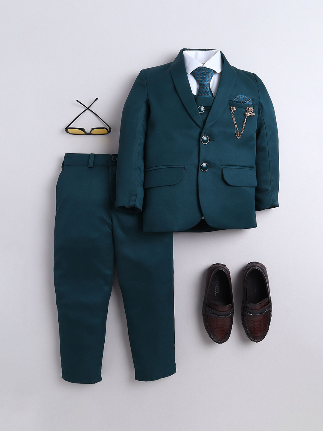 Sangria Boys 5 Pieces Shawl Collar Blazer with Shirt Trousers Waistcoat & Tie Suit Set