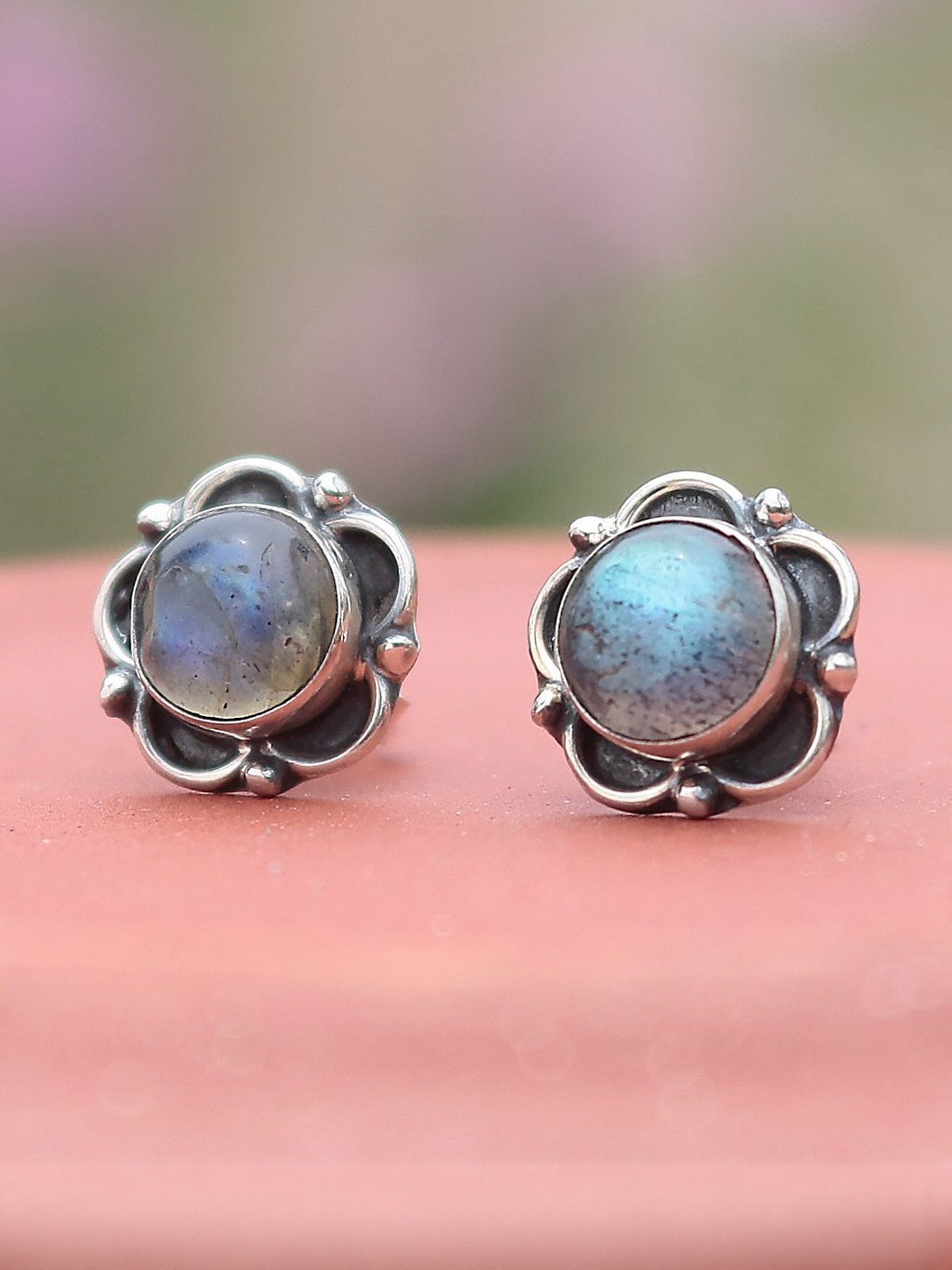FUSIONARI Sterling Silver Blue Labradorite Studded & Pearls Beaded Floral Studs