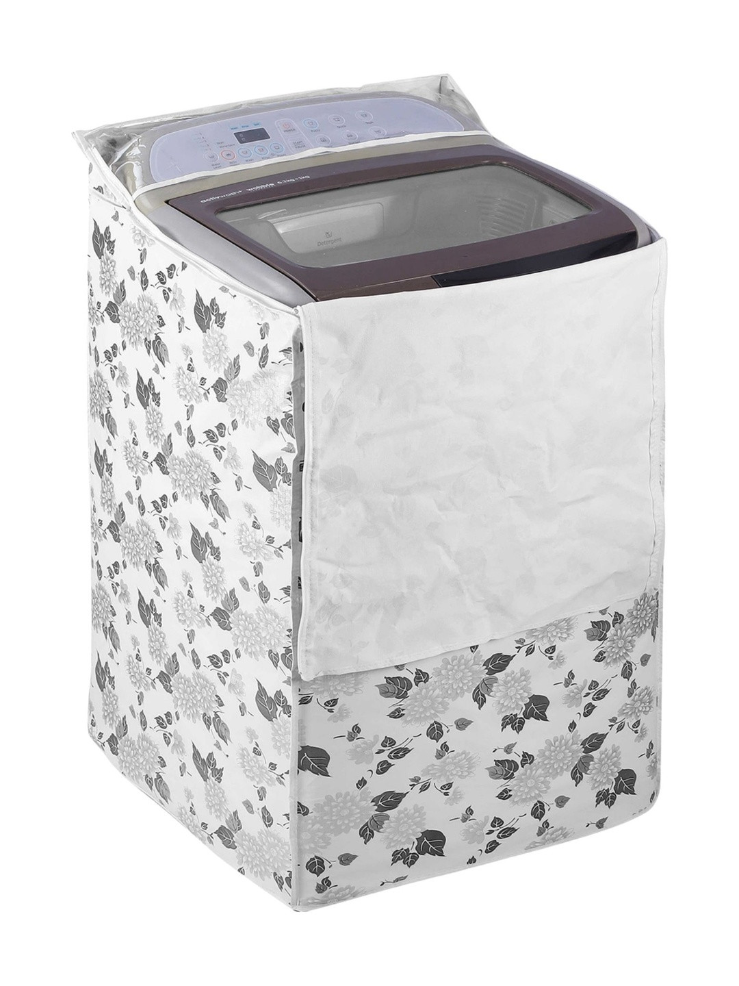 AMPEREUS White & Grey Floral Printed Top Load Washing Machine Cover (6-7 KG)