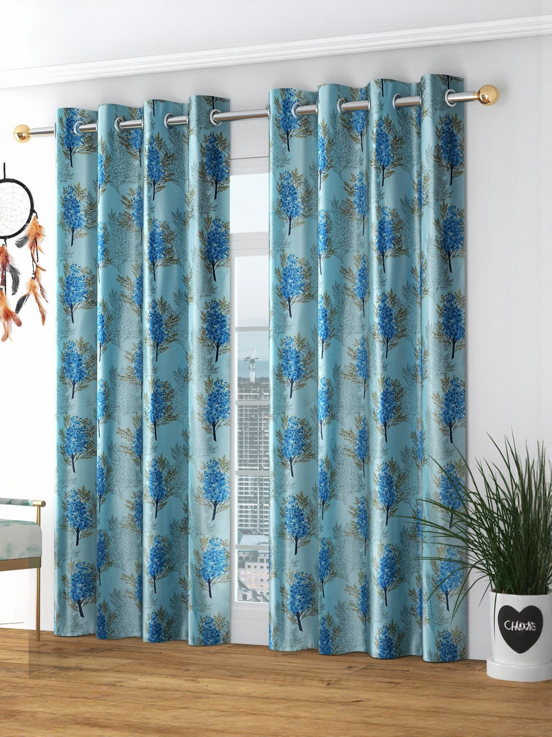 GEET CREATIONS Softy Angur Blue & Sea Green 2 Pieces Printed Room Darkening Door Curtains