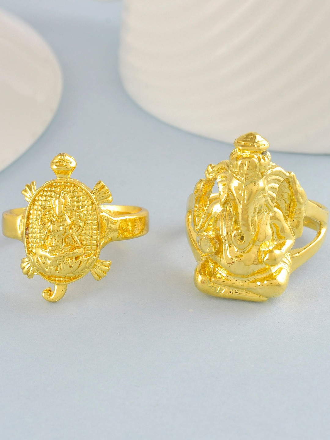 MEMOIR Unisex Set Of 2 Gold-Plated Lakshmi & Ganesh Goddess Finger Rings