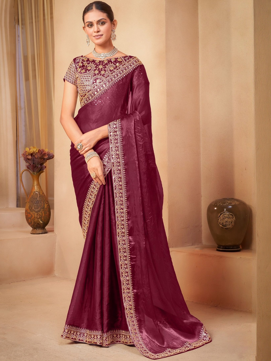 FABLAND Solid Jimmy Choo Embellished Border Satin Saree