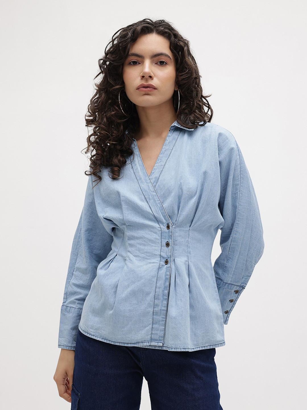 The Roadster Life Co. Pleated Detail Pure Cotton Wrap-Style Denim Shirt