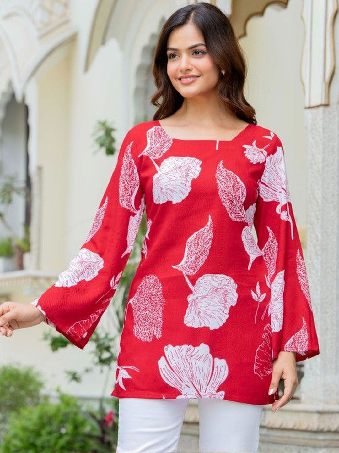 BAESD Women Floral Print Flared Sleeve Cotton Top
