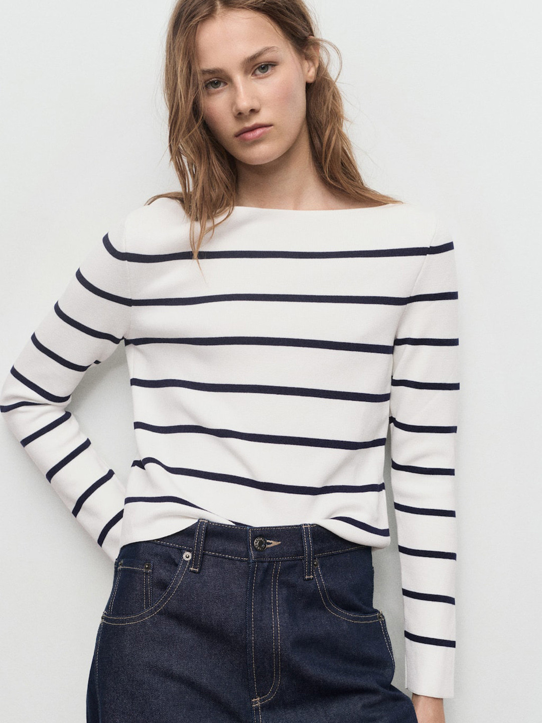 MANGO Fine-Knit Striped Boat Neck Sweater