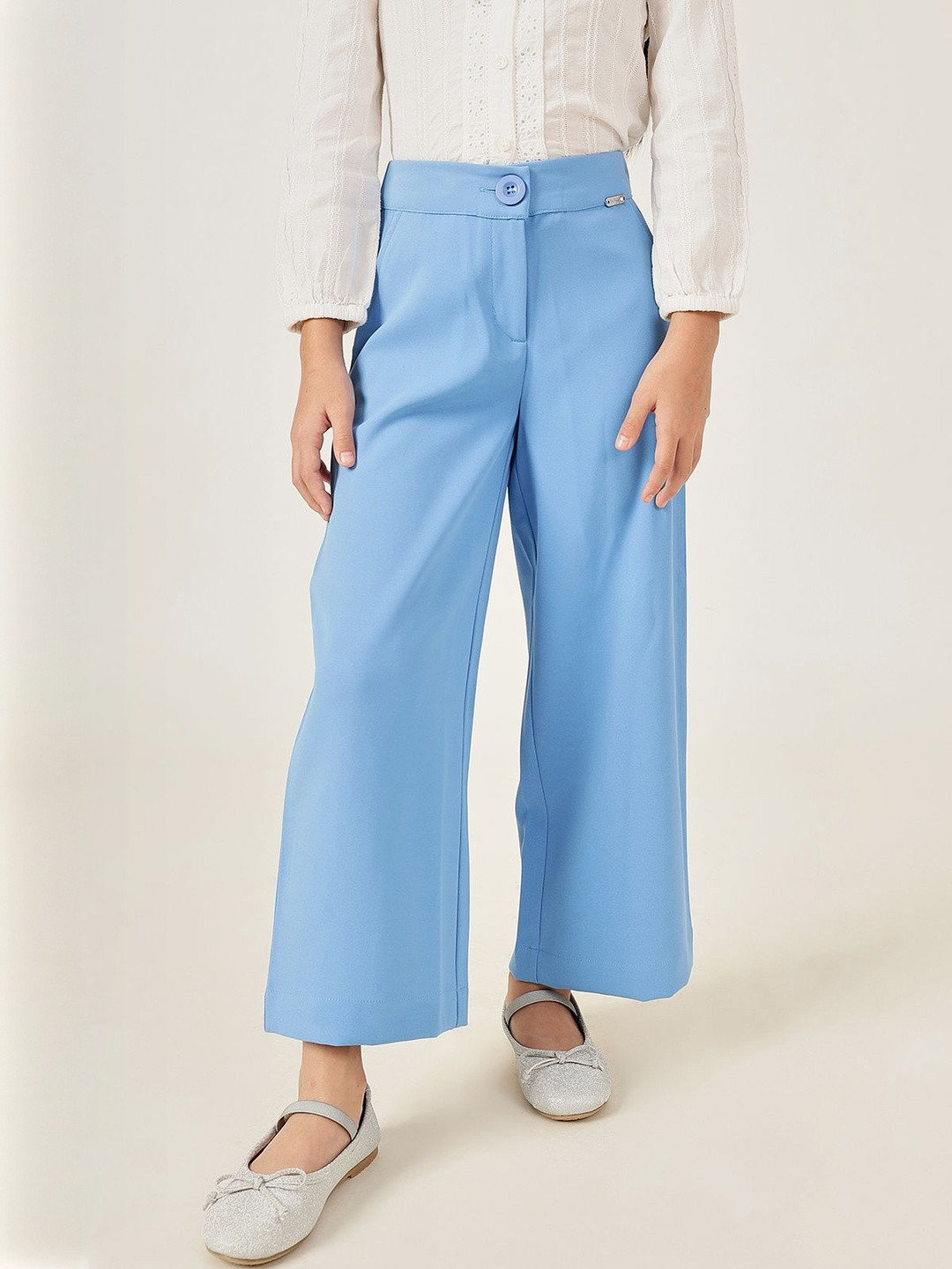 One Friday Girls Blue Solid Polyester Trouser with Buttoned Waist