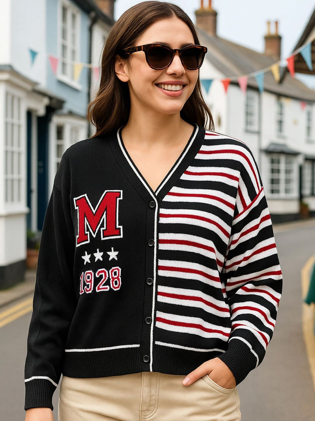 Bewakoof OFFICIAL DISNEY MERCHANDISE Women's Black & White Striped Oversized Sweater