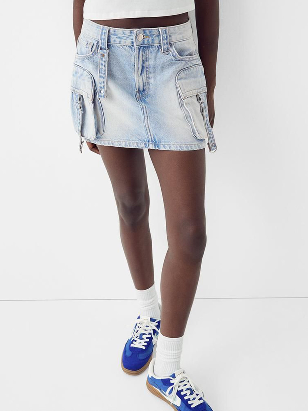 HERE&NOW Denim Cargo Mini Skirt With Strap Details