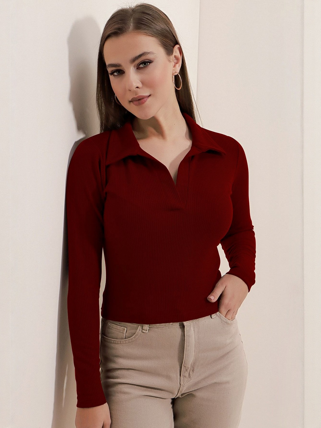 Maheshvi Maroon Ribbed Shirt Collar Top