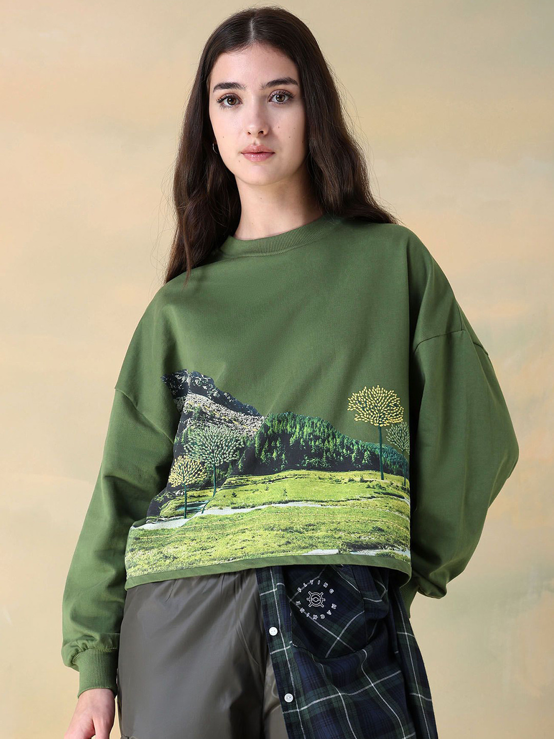 Flying Machine Women Printed Round Neck Long Sleeves Sweatshirt