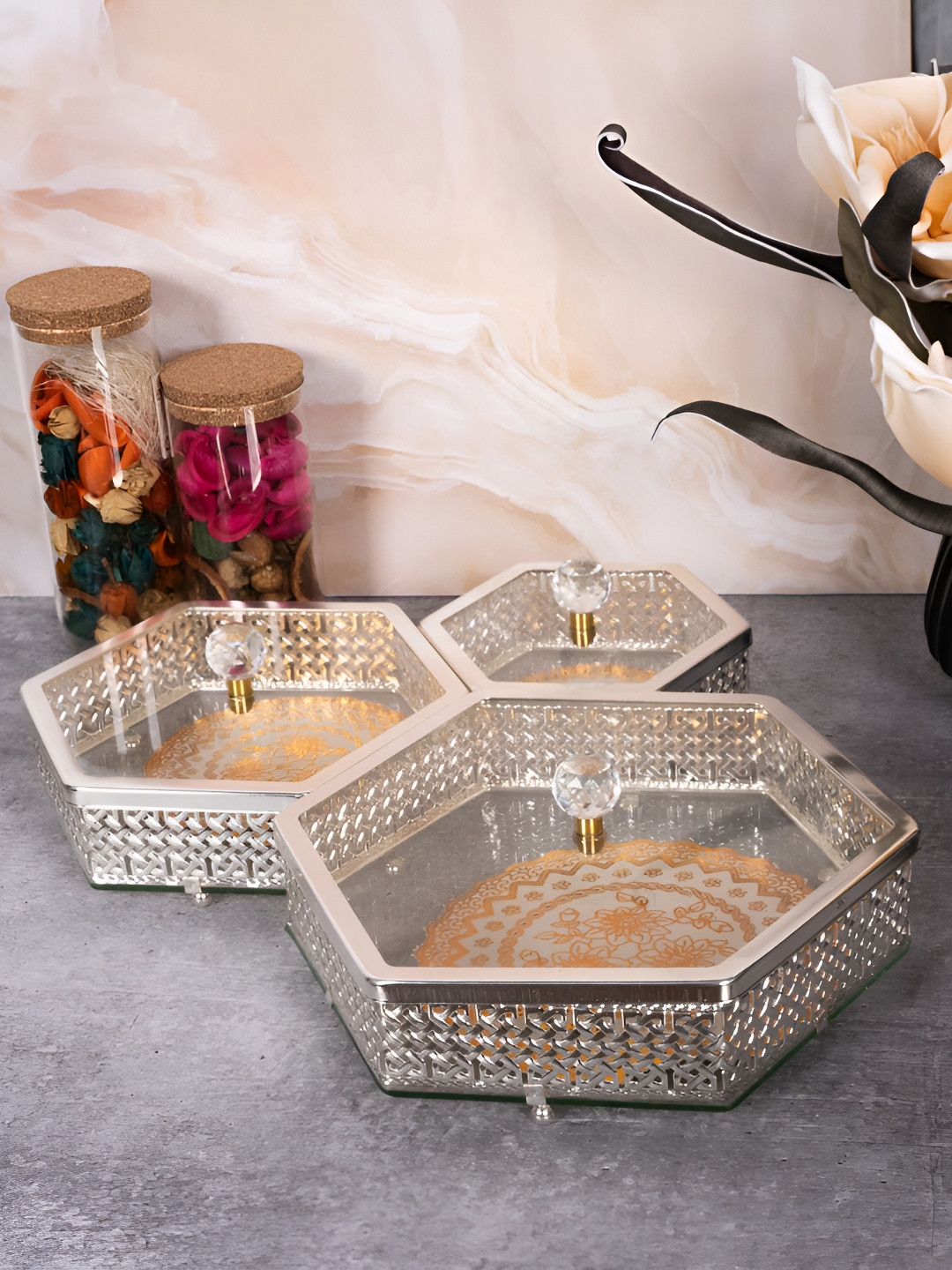 AARVI DECOR STUDIO Set Of 3 Textured Decorative Glass Storage Containers With Lid