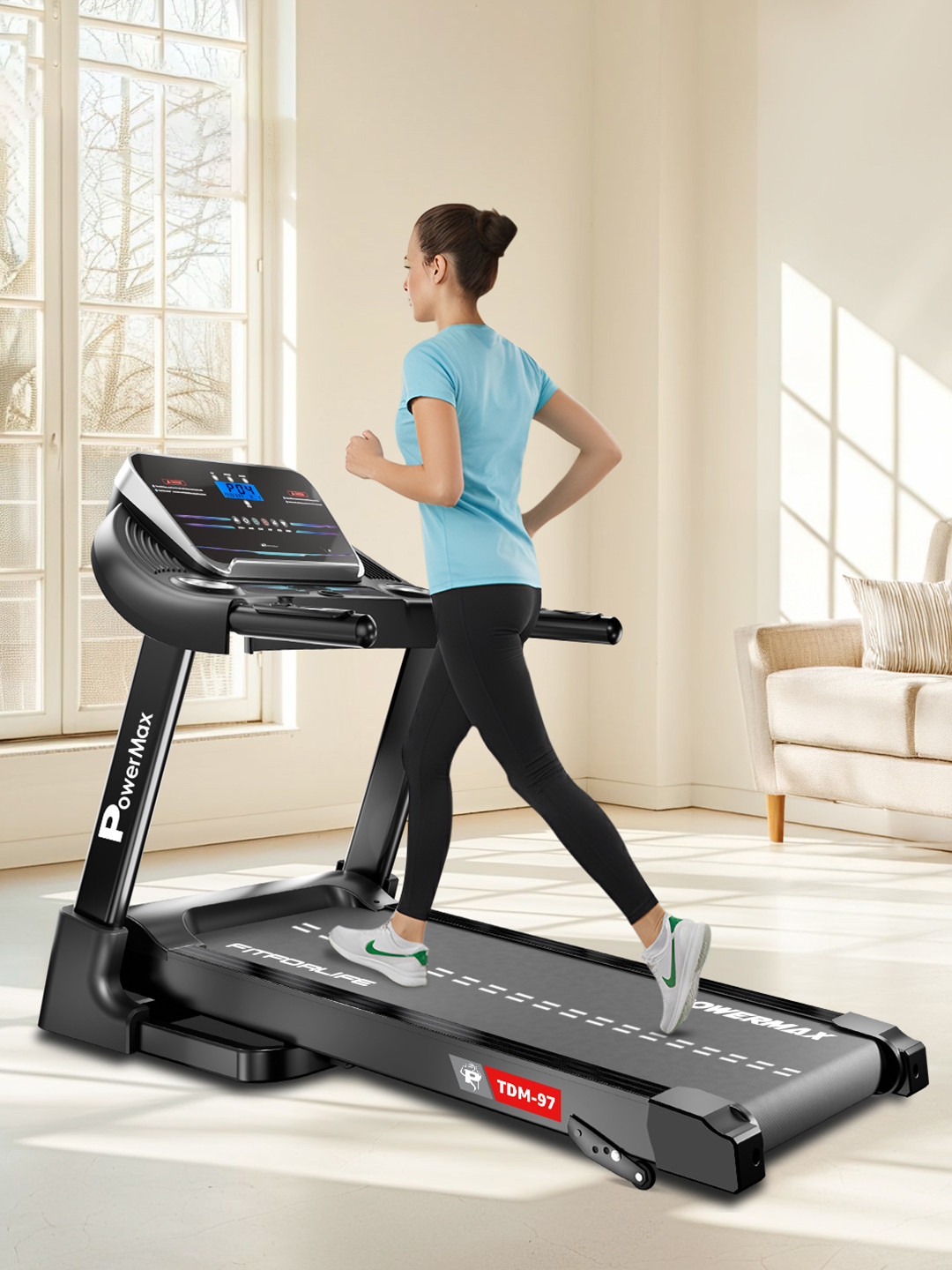 PowerMax Fitness TDM-97 Motorised Foldable Treadmill for Home Gym 4HP Peak DC Motor