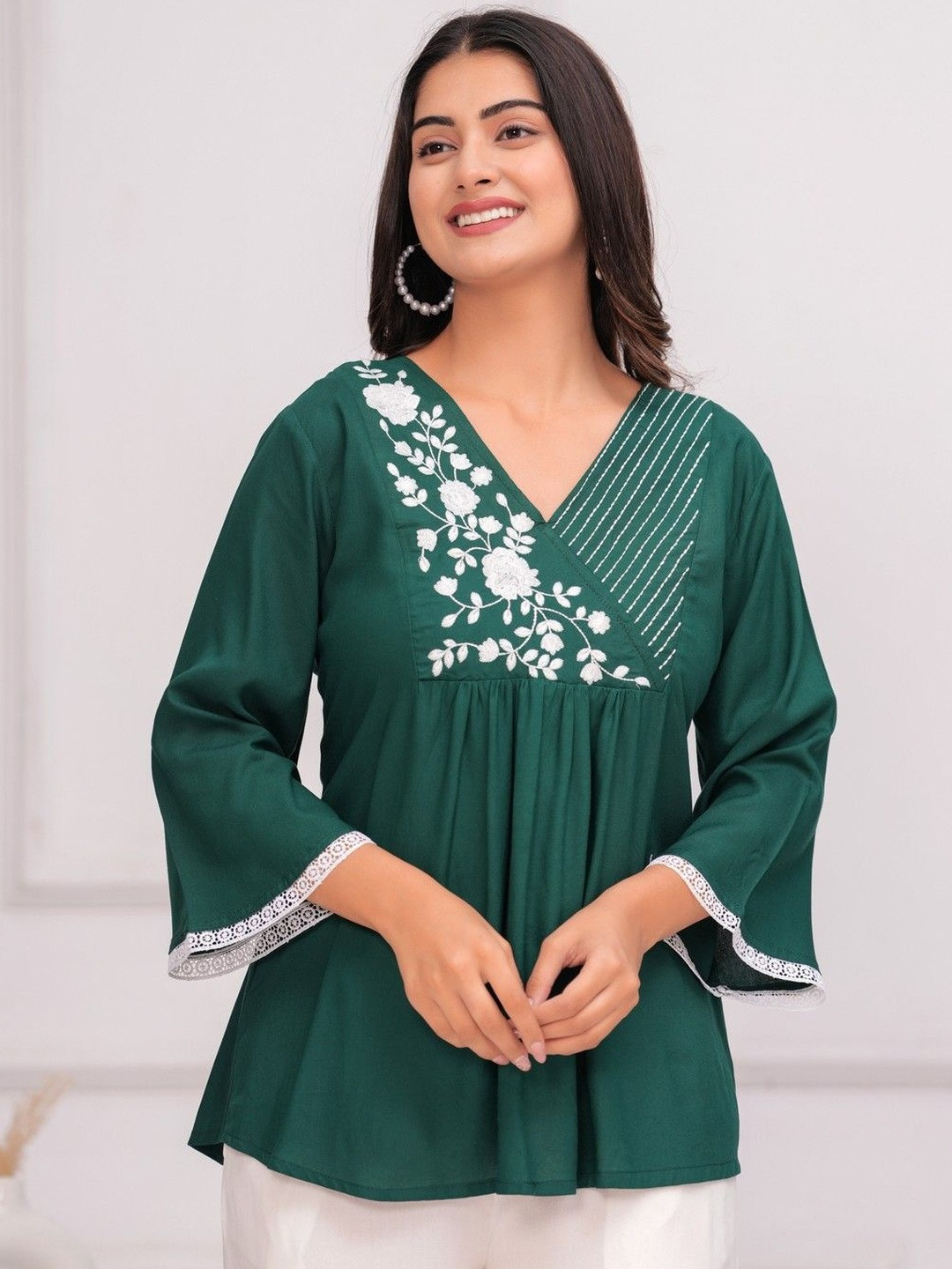 PALSIYA PRESENTS Women Floral Embroidered Flared Sleeves Empire Top