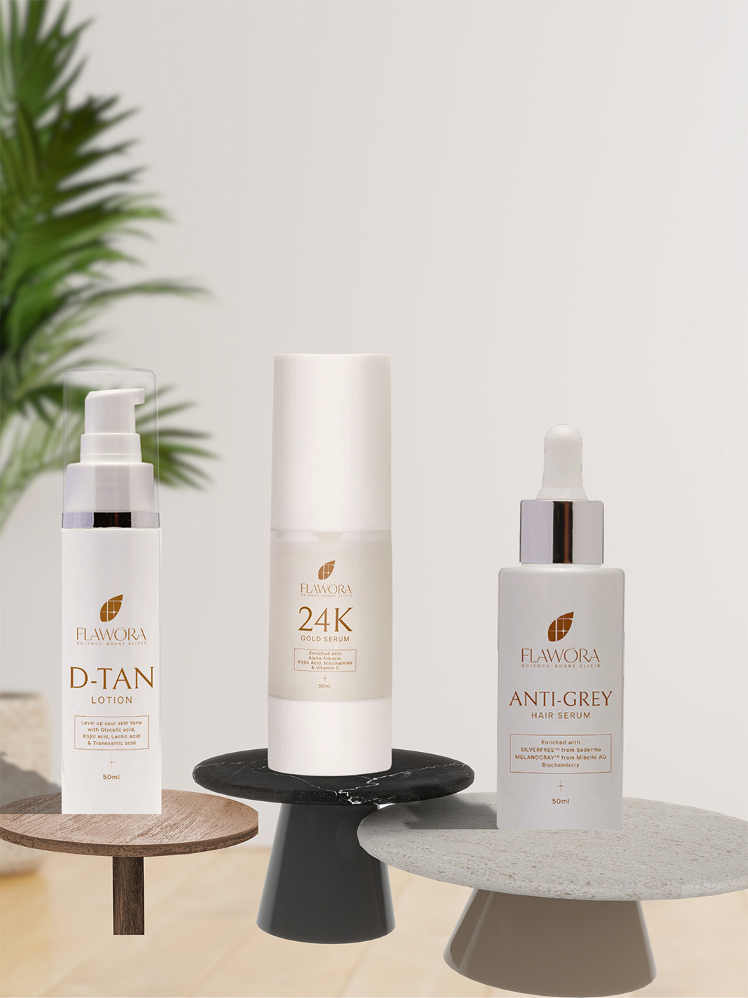 Flawora Set Of 3 D-Tan Lotion & Anti Grey Hair Serum - 50 ml Each & 24K Gold Serum