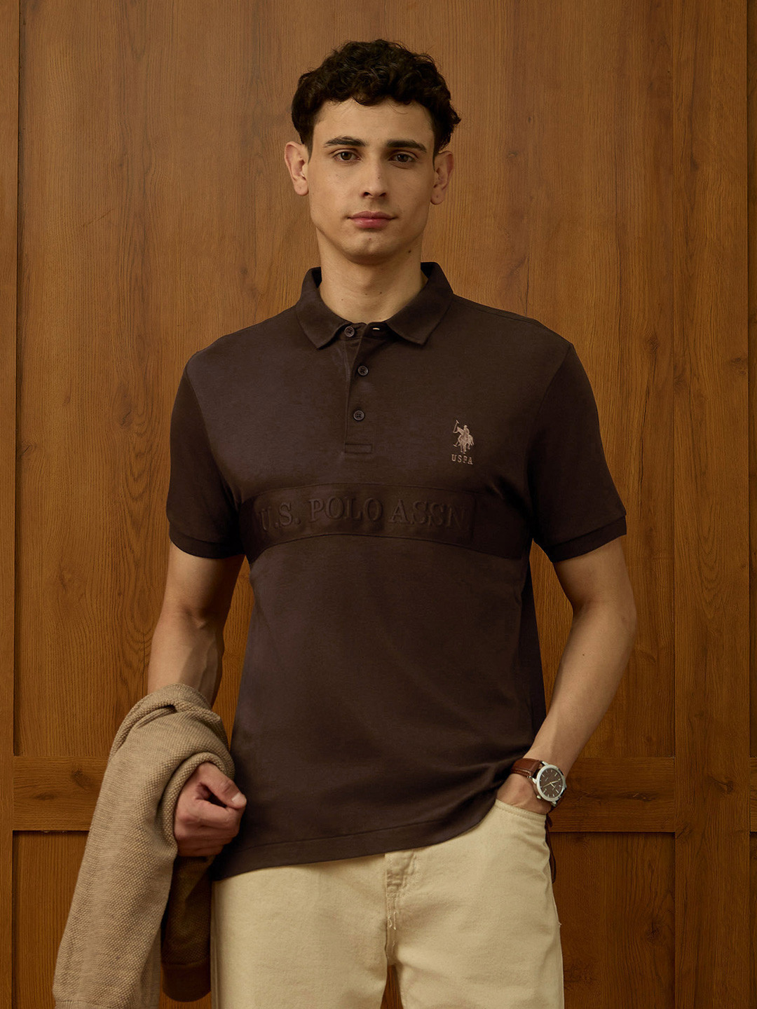 U.S. Polo Assn. Varsity Brand Logo Embroidered Polo Collar Pure Cotton T-shirt