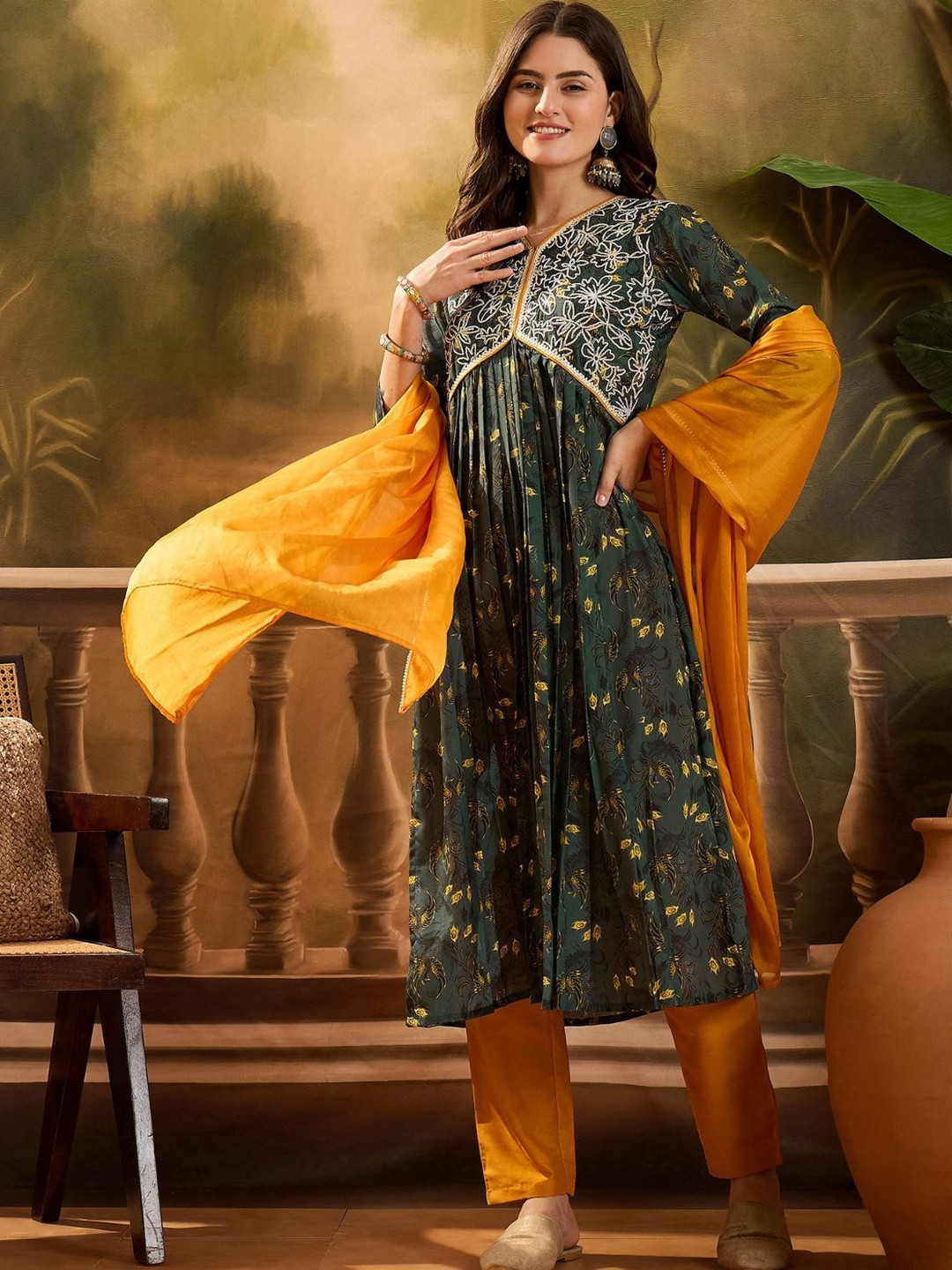 Youthnic Women Printed Embroidered Empire Alia Cut A-Line Kurta With Pant & Dupatta