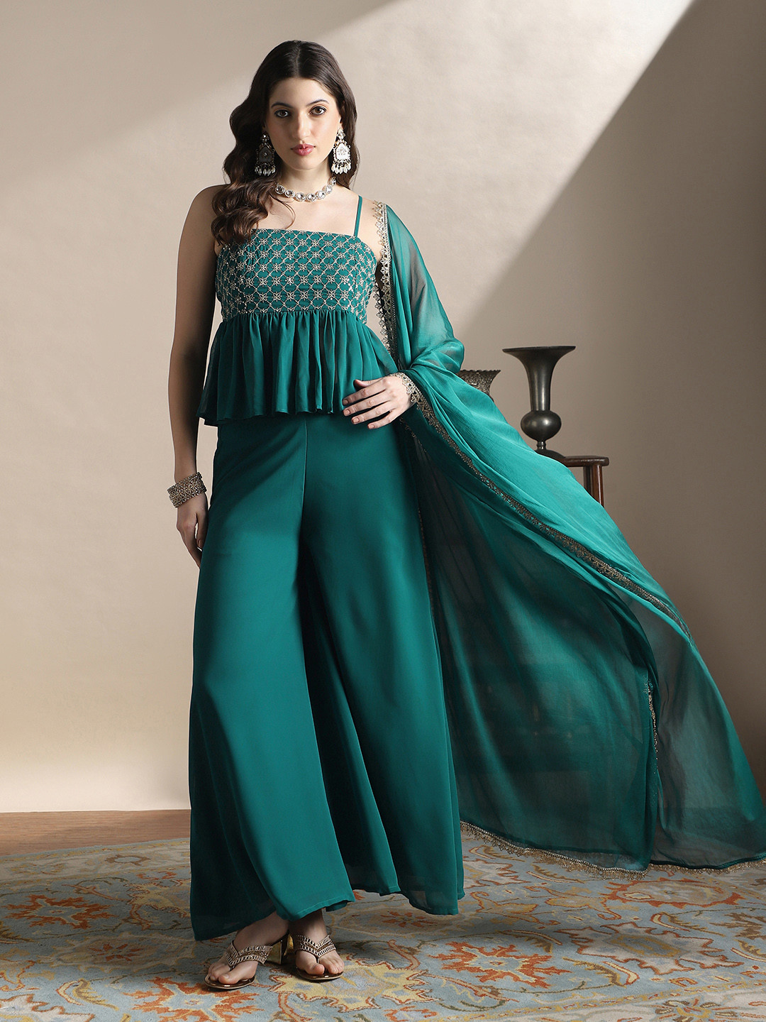 Globus Sequin Embroidered Peplum Top With Palazzos & Dupatta Festive Co-Ords