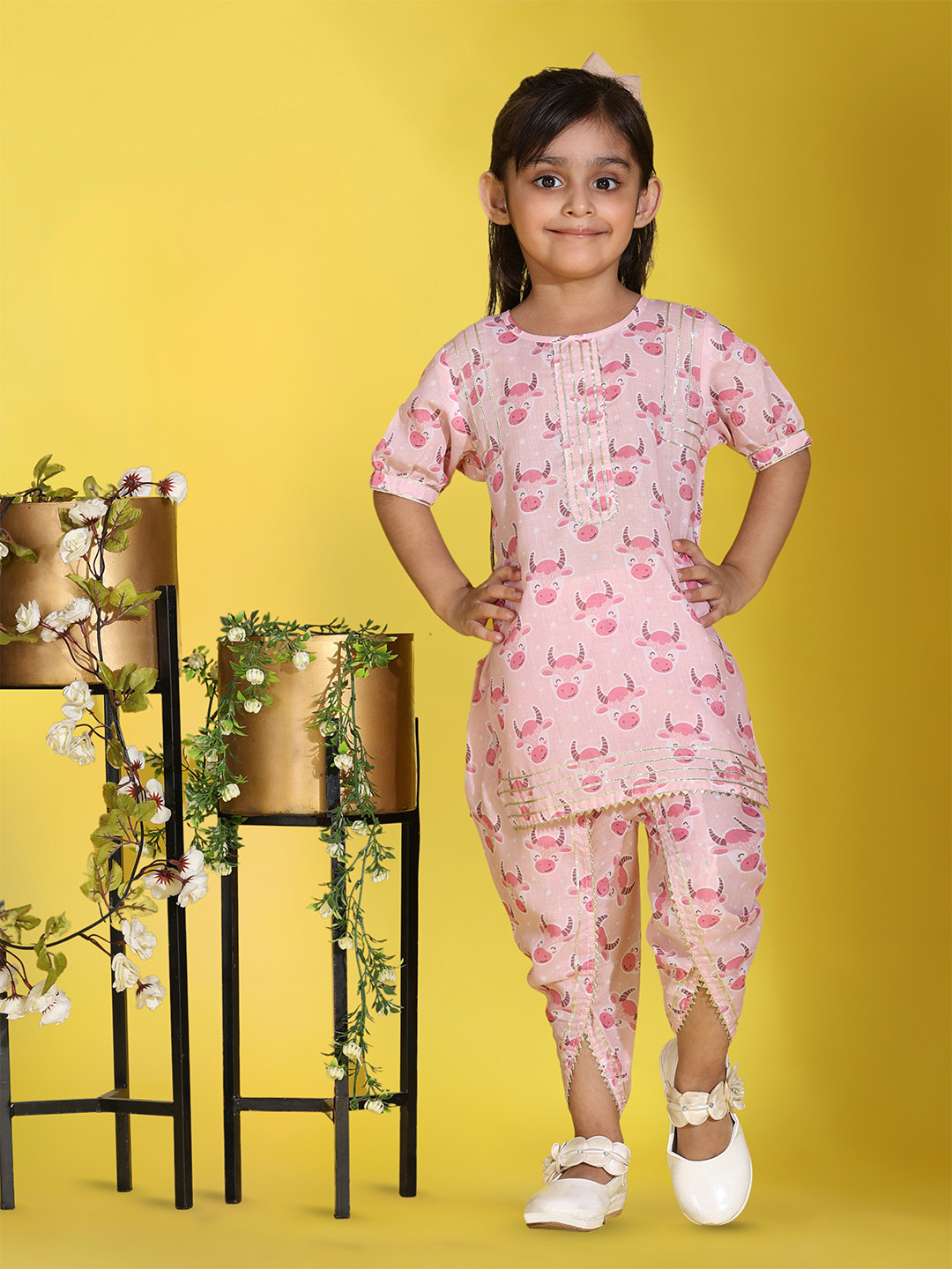 Maaesa Girls Animal Printed Round Neck Kurta With Dhoti Pants