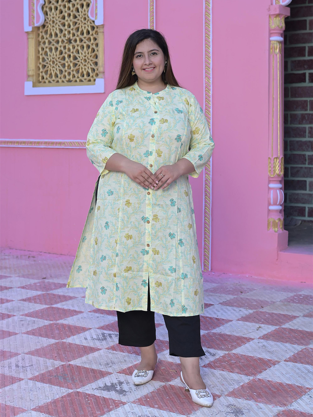 VIFA PLUS Floral Printed Mandarin Collar Cotton Straight Kurta