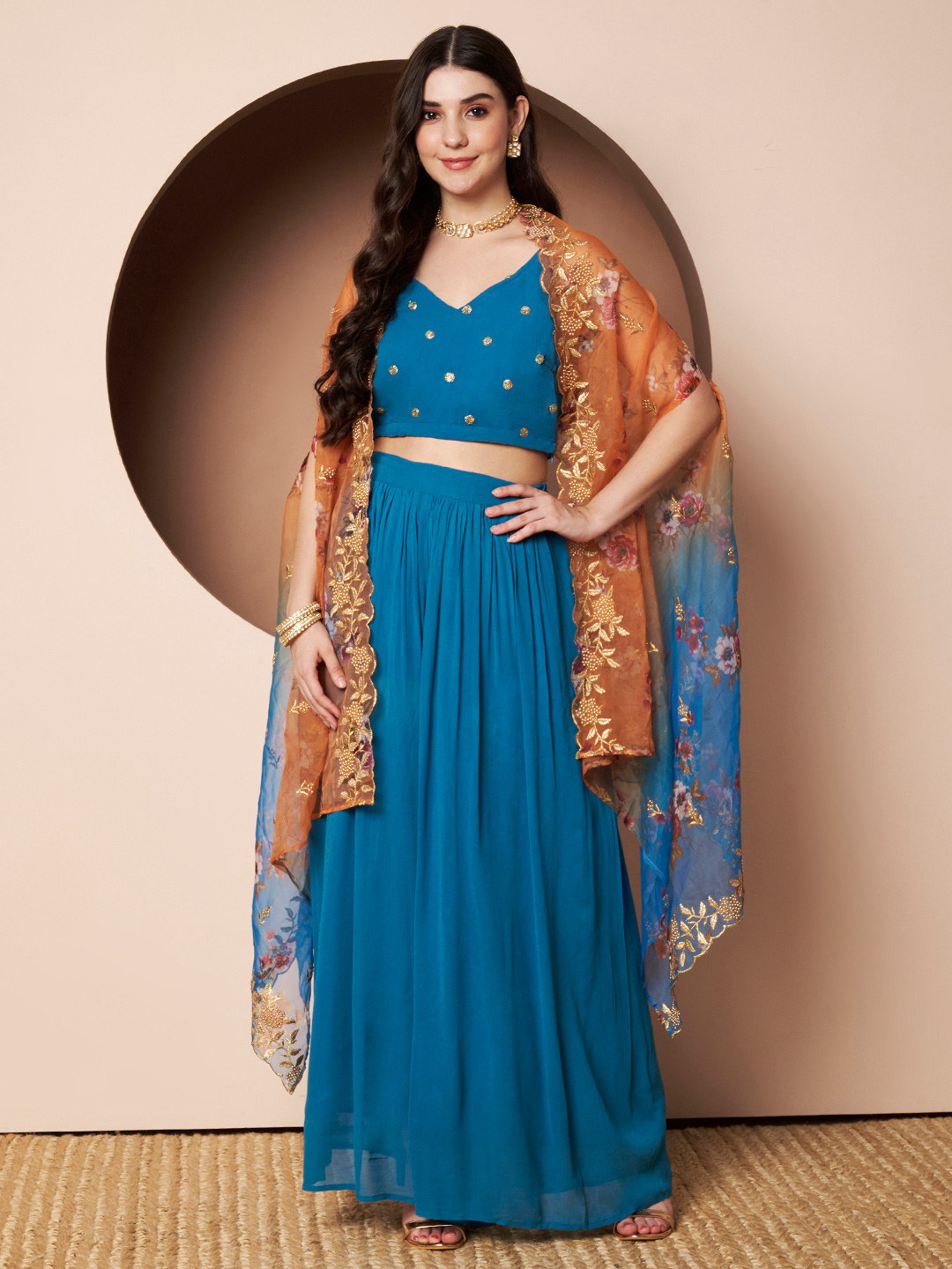 Shades of Sabi Embellished V-Neck Top With Palazzo & Shrug Co-Ords
