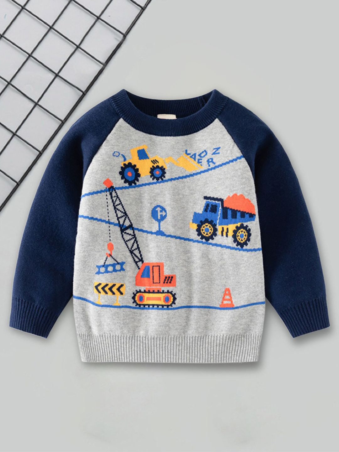 INCLUD Boys Grey Graphic Printed Round Neck Straight Cardigan Sweater