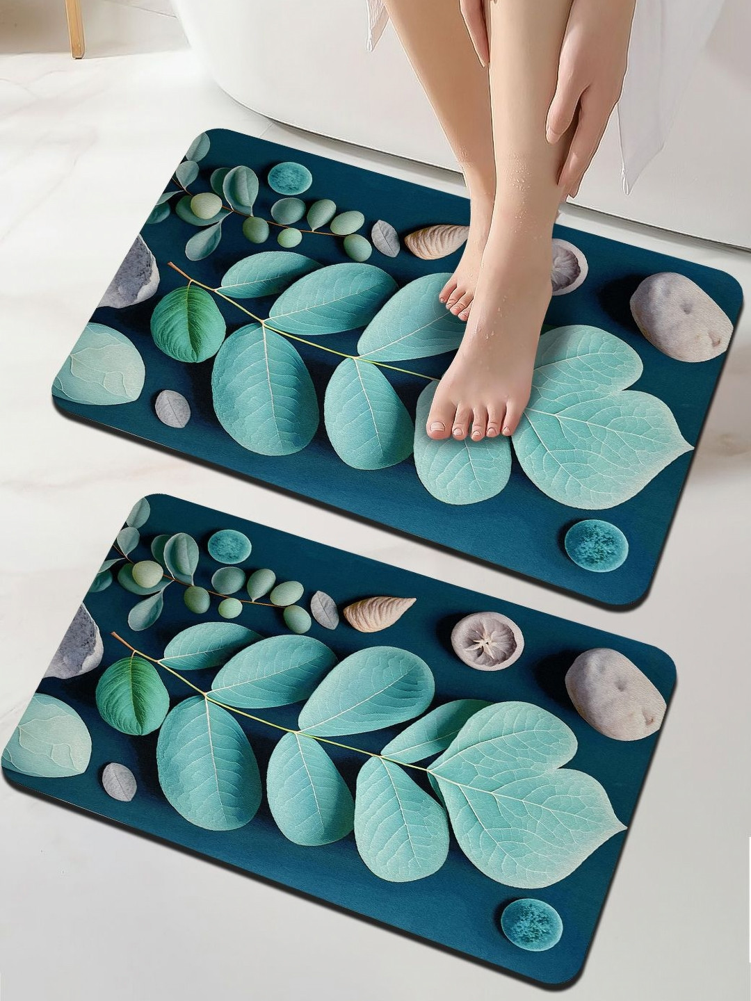 GRISHVA Green & Grey 2 Pieces Printed 500 GSM Silicone Anti-Slip Bath Rugs