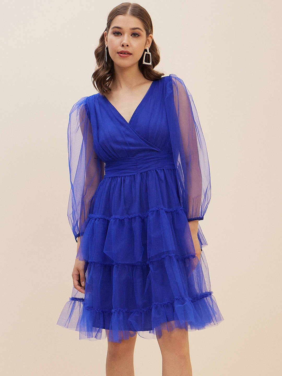Antheaa Blue Puff Sleeve Net Fit & Flare Dress