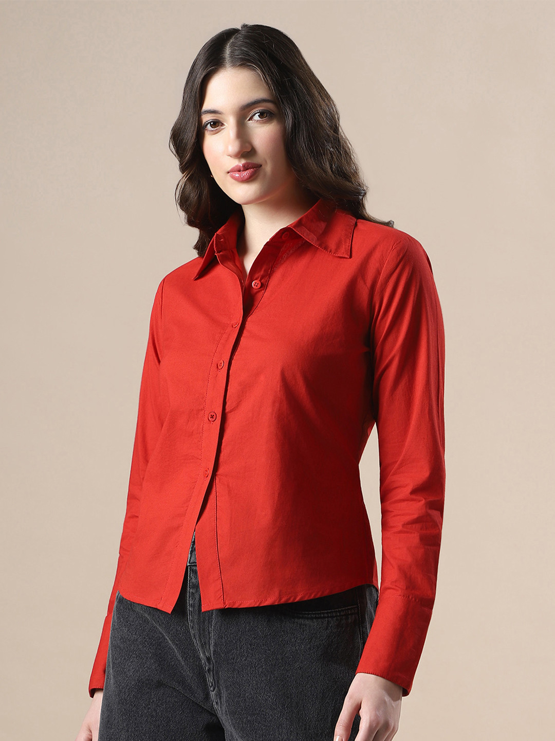 Globus Women Slim Fit Solid Spread Collar Cotton Formal Shirt
