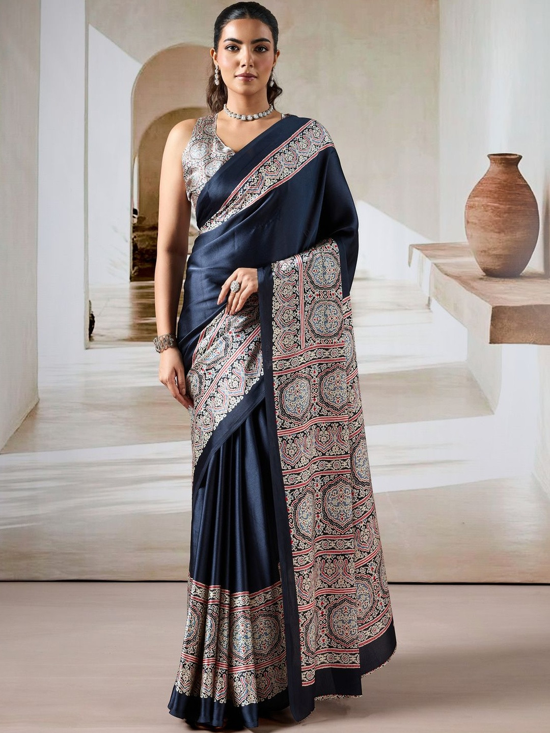 sareyavella Ethnic Motifs Phulkari Pure Crepe Bagru Saree