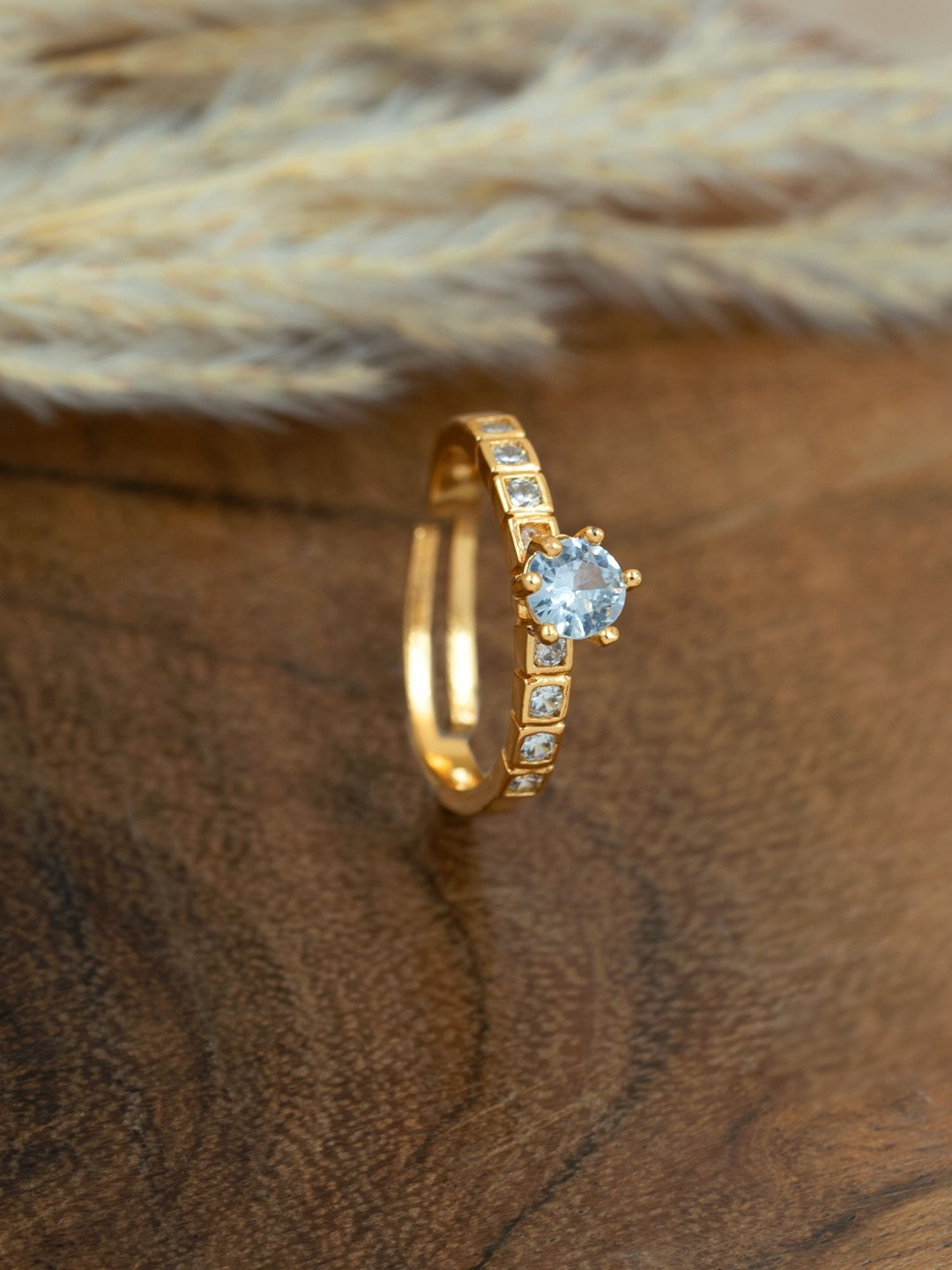 ARTKLIM Gold-Plated CZ-Studded Square-Cut Solitaire Anti-Tarnish Adjustable Finger Ring