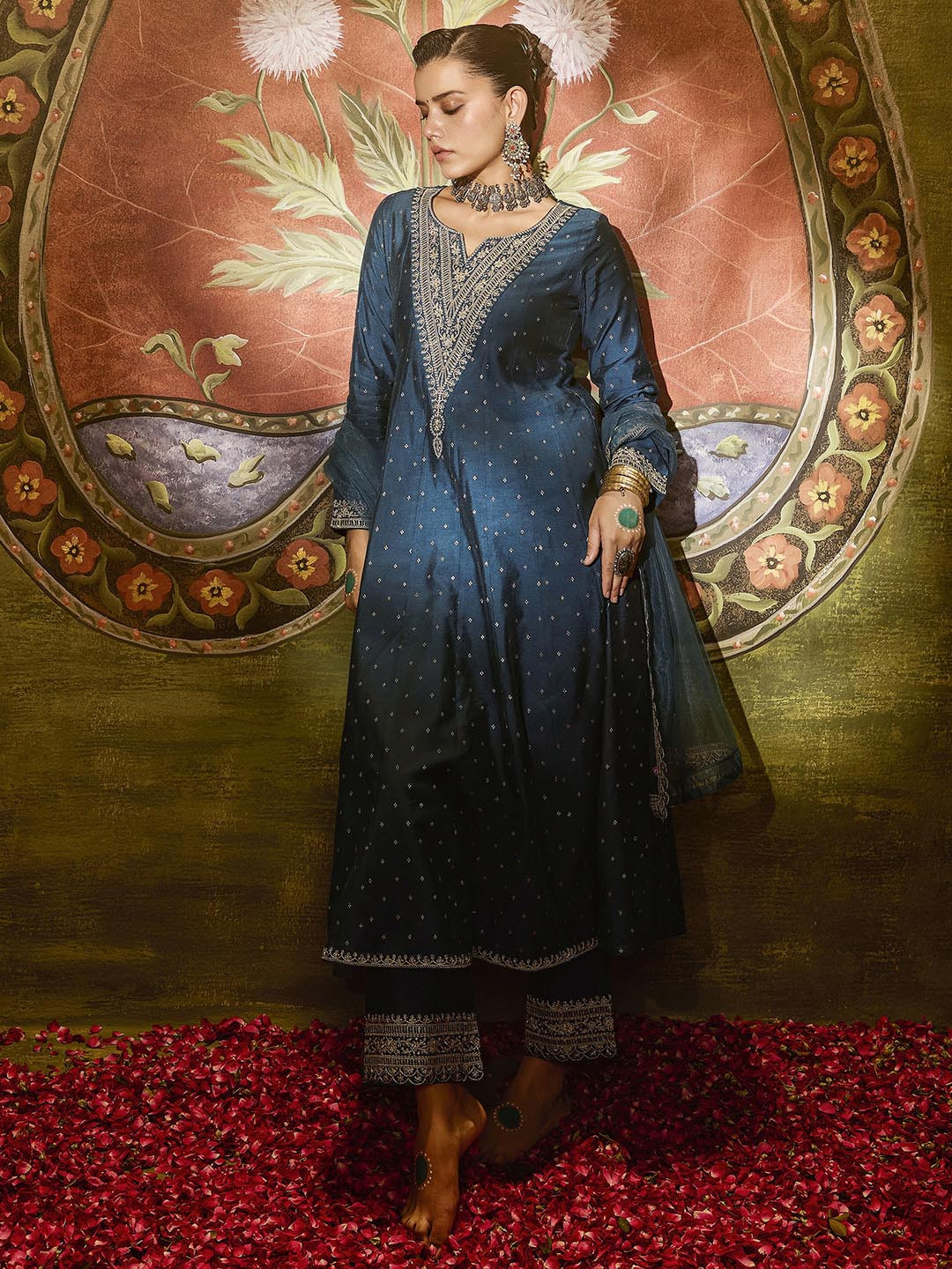 Libas Women Ethnic Motifs Printed A-Line Kurta with Trousers & Dupatta