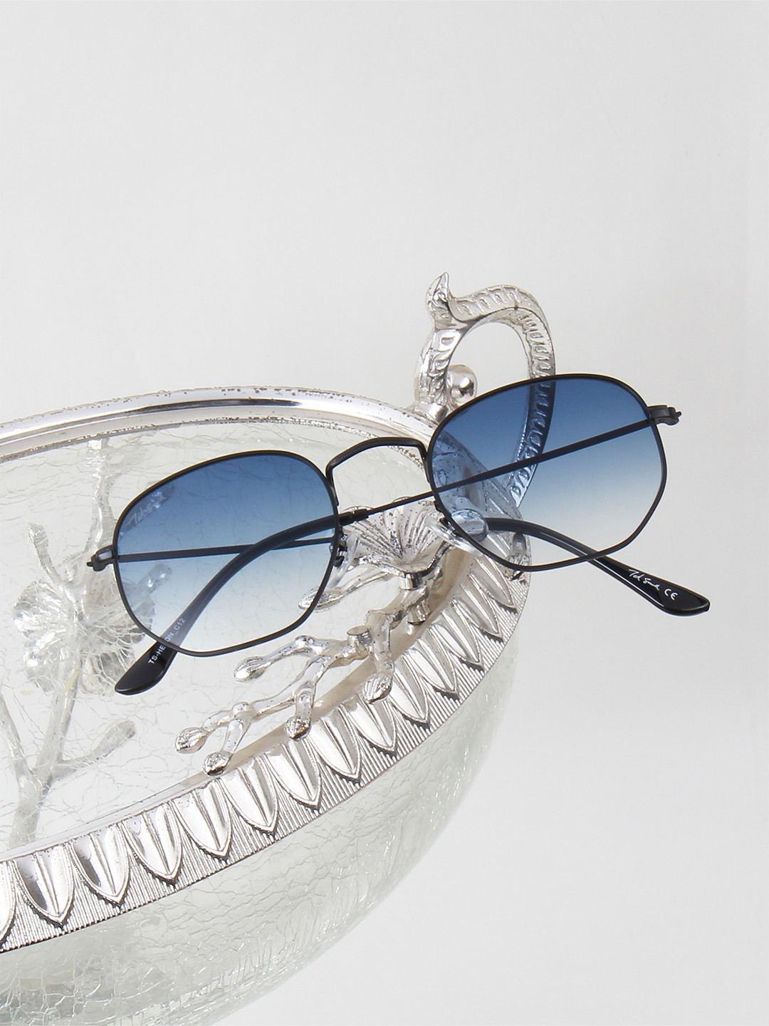 Ted Smith Unisex Blue Lens & Black Asymmetric Sunglasses with UV Protected Lens HEXON_C12