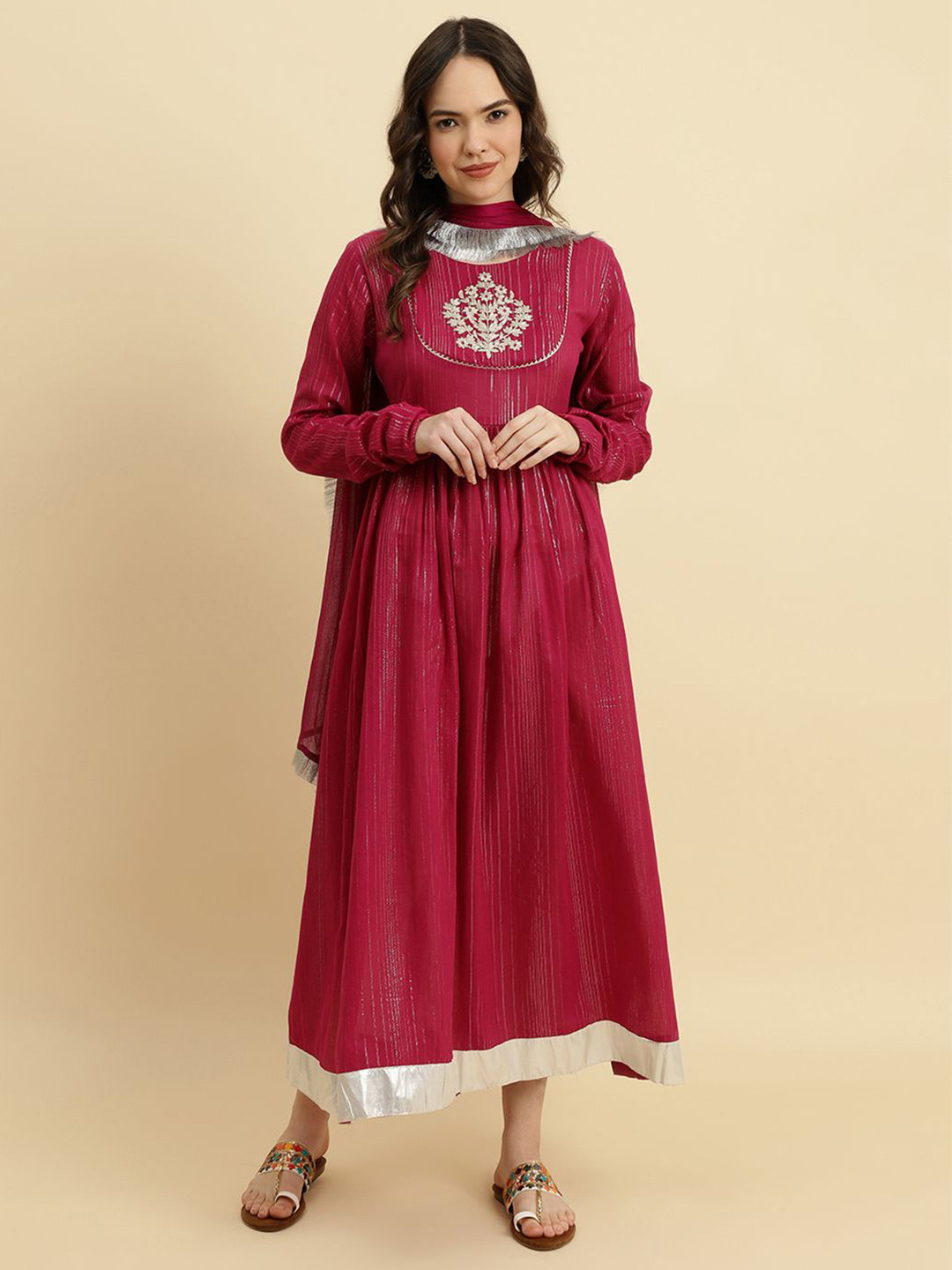 KSUT Women Yoke Design Extended Sleeves Shadow Work Dobby Handloom Anarkali Kurta
